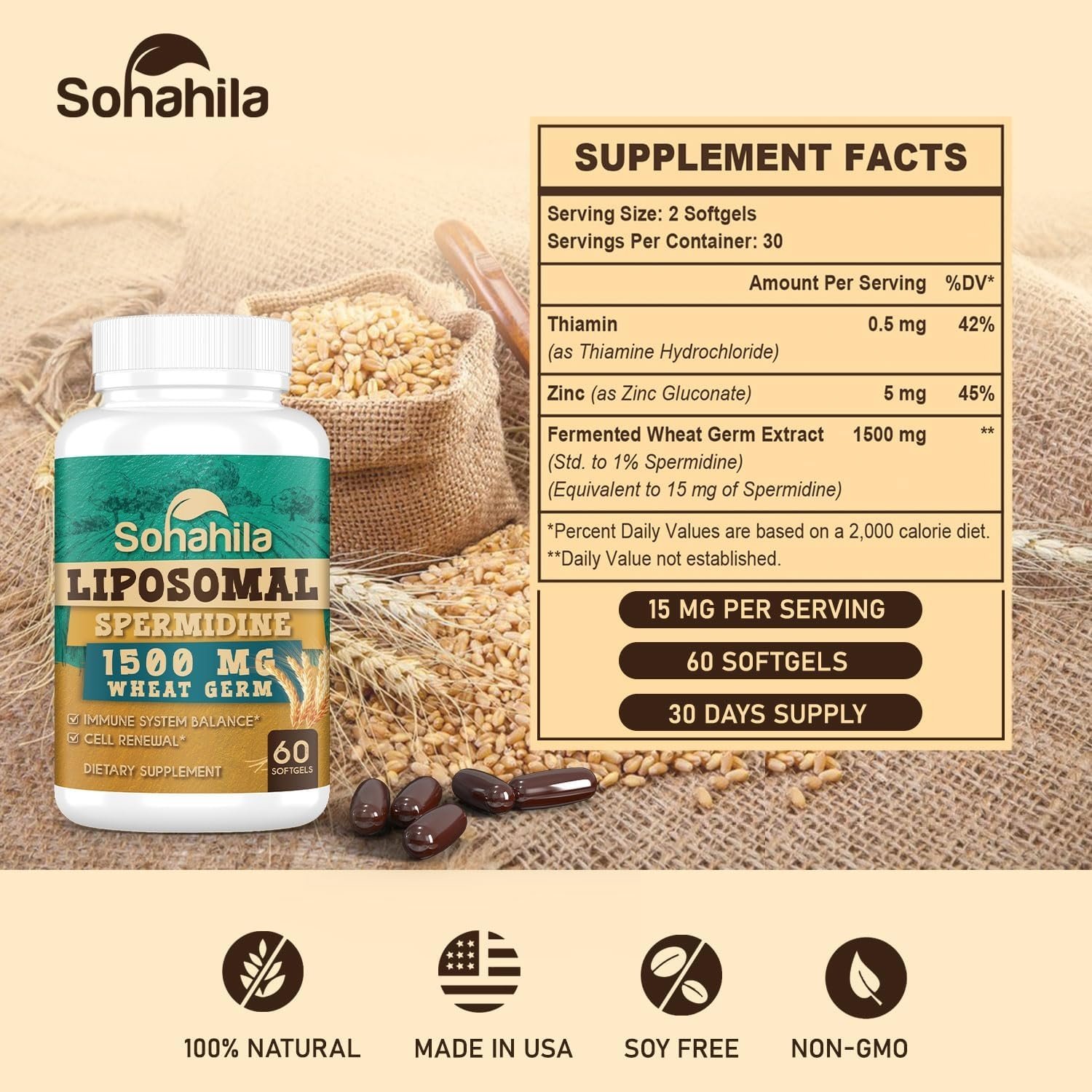 Extracto liposomal de germen de trigo de espermidina de 1500 MG, absorción máxima, suplemento de espermidina de 15 mg - Image 2